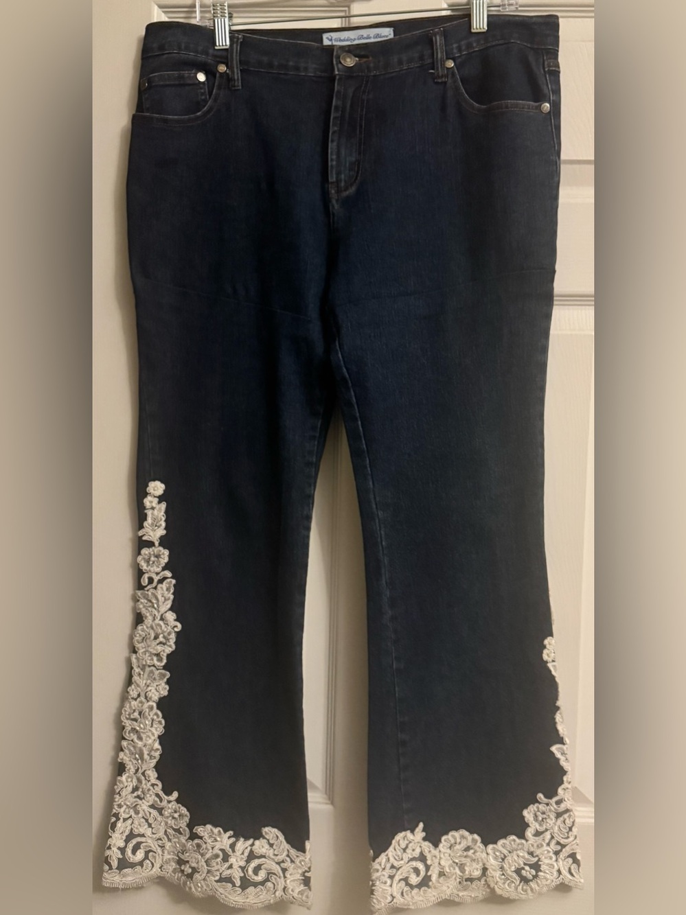 Empathy Women's Dark Blue Jeans with Custom White Floral Embroidery